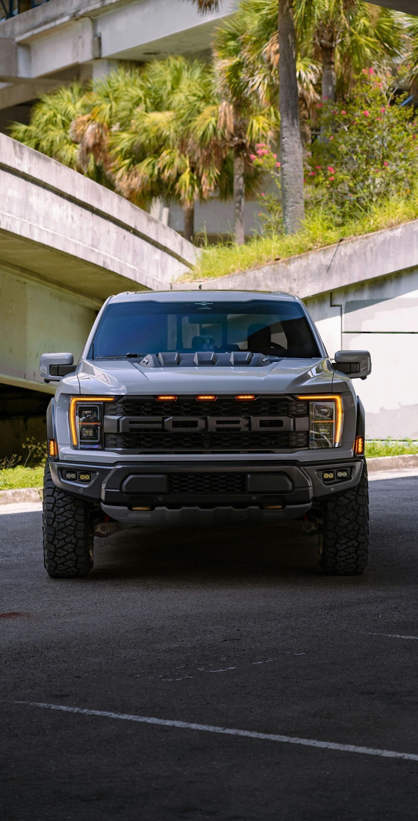 Gray Ford Raptor pickup truck parked under an overpass, facing the camera. The truck has black accents and orange running lights.
