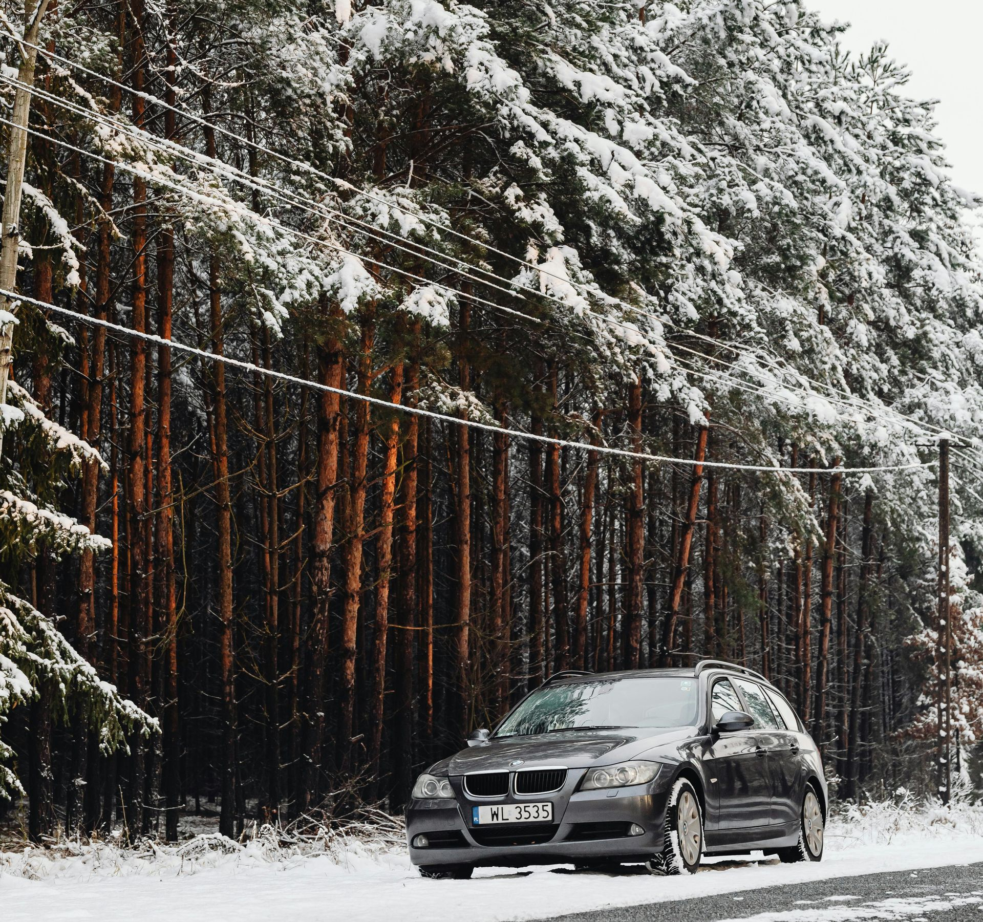 Gray car on a snow-covered road in front of a forest of pine trees.