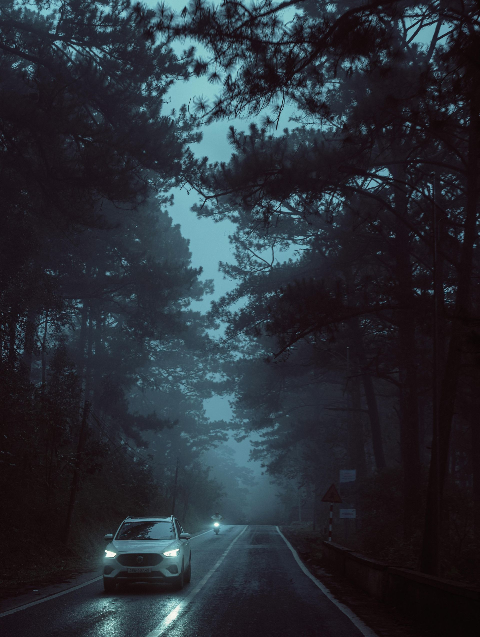 Car driving on a foggy, dark road through a forest at night. Headlights illuminate the wet asphalt.
