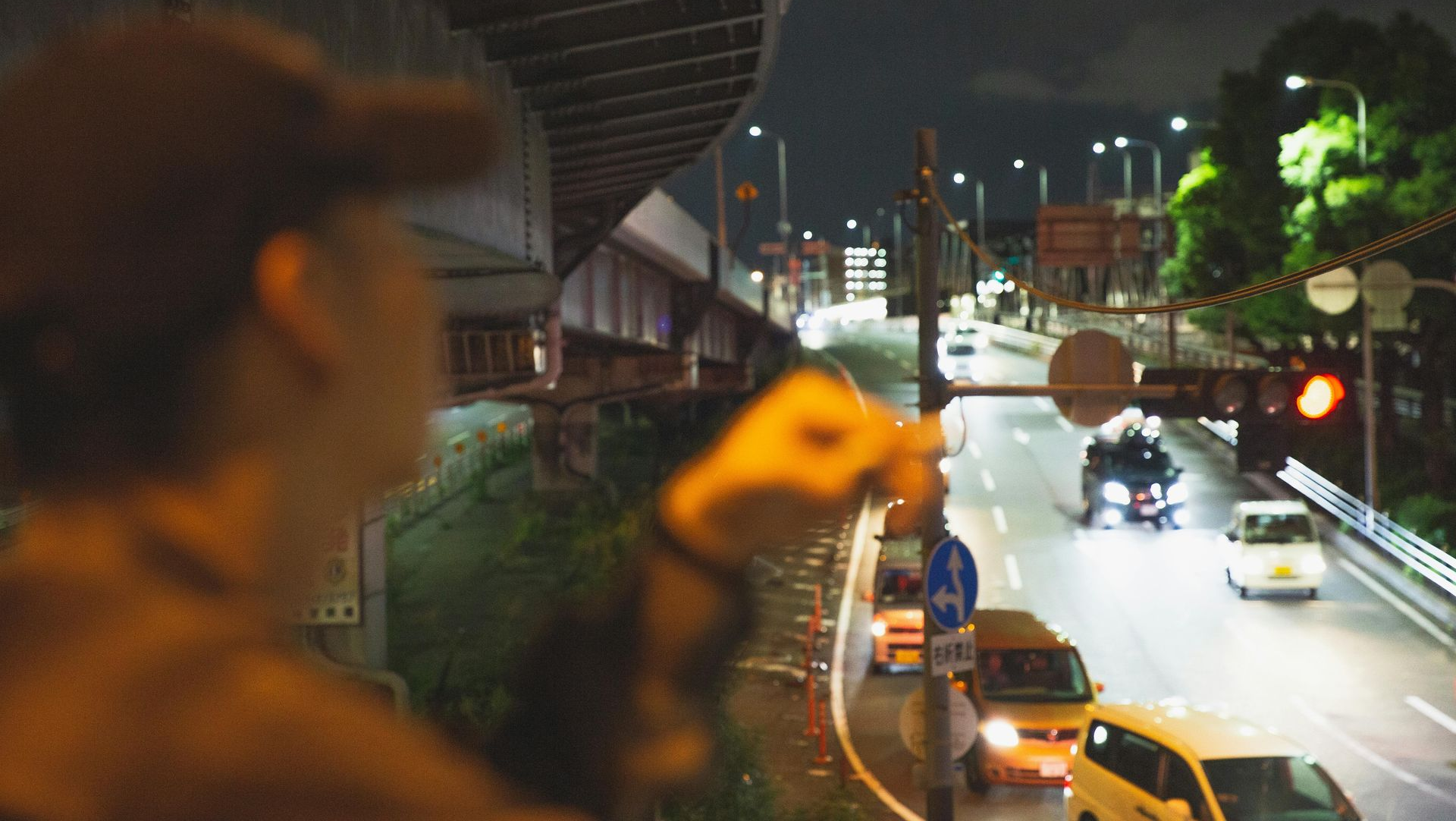 Person in a cap looks at night city traffic. Cars on wet road, lit by streetlights. Bridge overhead.