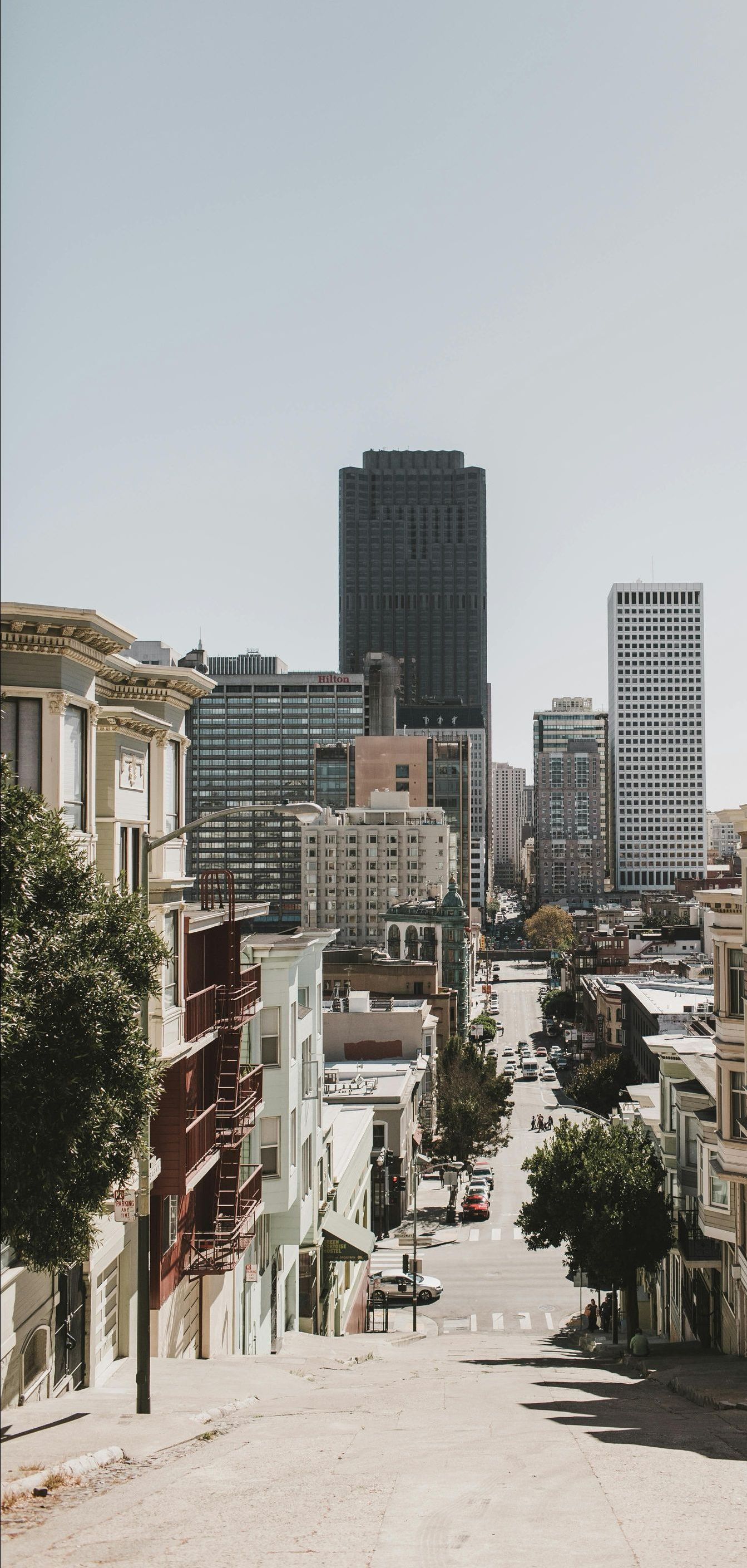 A city street with a lot of buildings and trees
