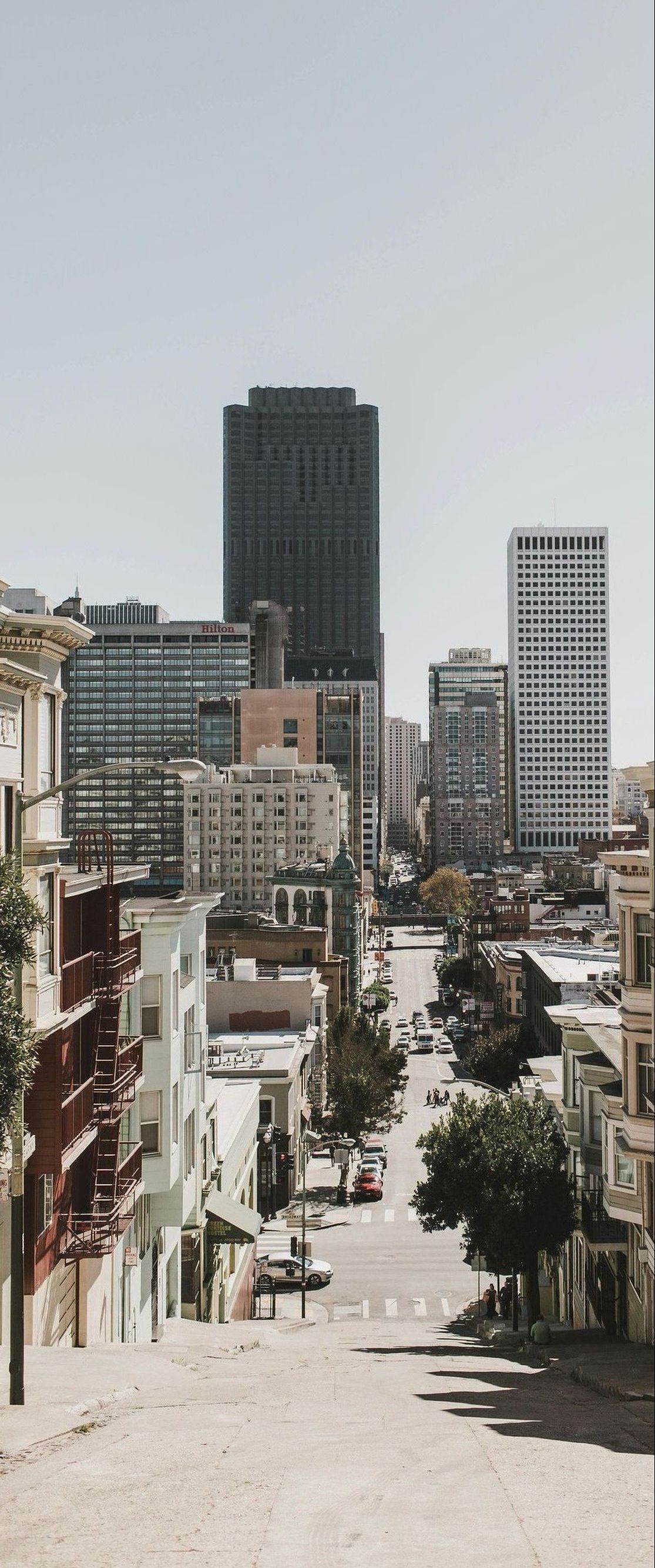 A city street with a lot of buildings and trees