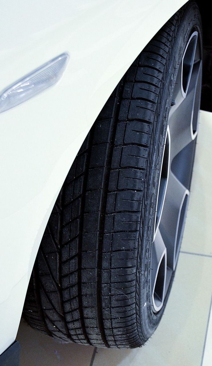 A close up of a tire on a white car
