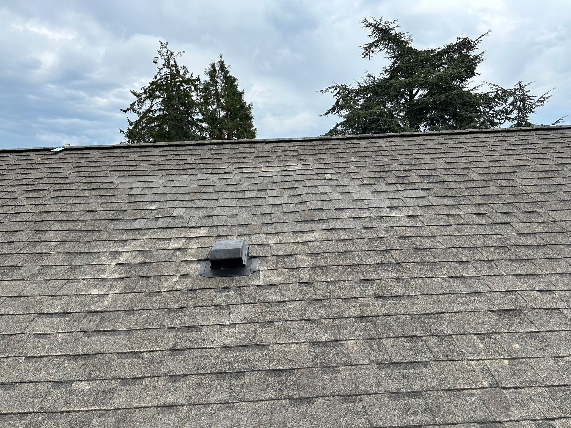 A roof with a vent on it and trees in the background.