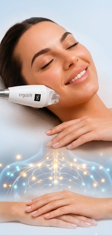 Woman receiving facial treatment with a handheld device, smiling on a treatment bed with glowing effect on chest