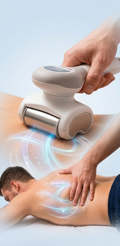 Massage device being used on a person’s back, with blue glow indicating therapy