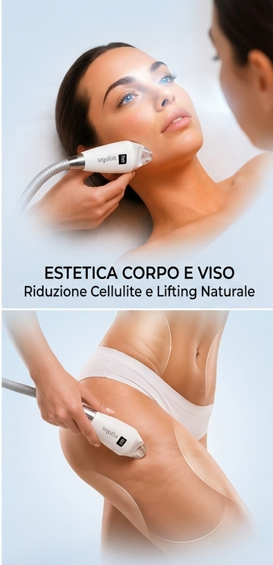 Handheld massager glides over a person’s back, with blue motion lines showing therapeutic vibration.