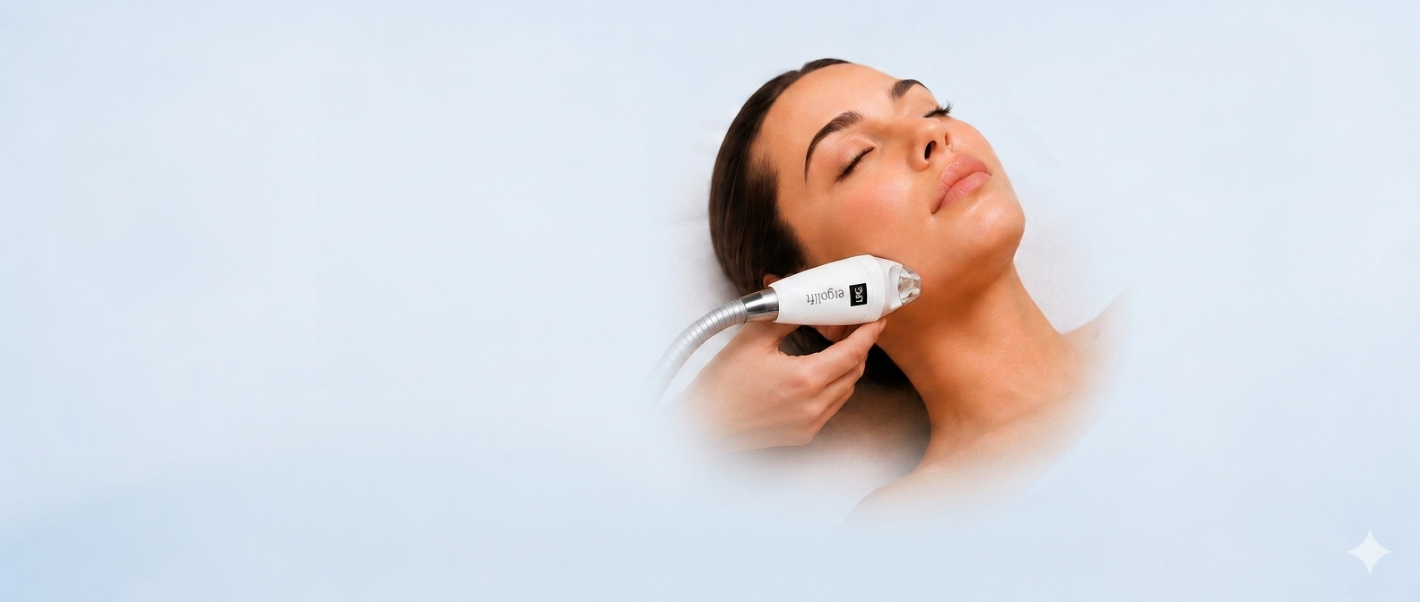 LPG dermatology massage ad with woman using a device on her face, blue and white branding