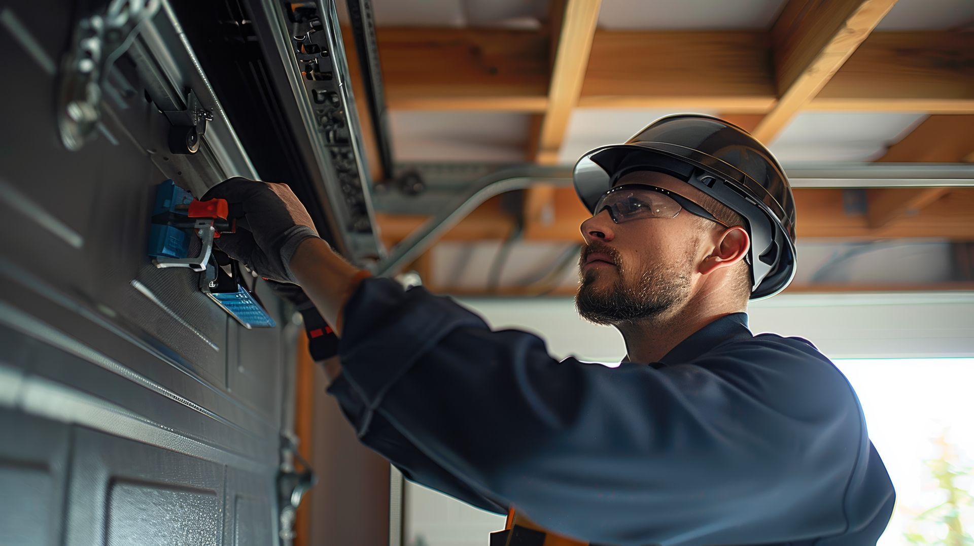A focused technician installs a garage door opener in a modern home.