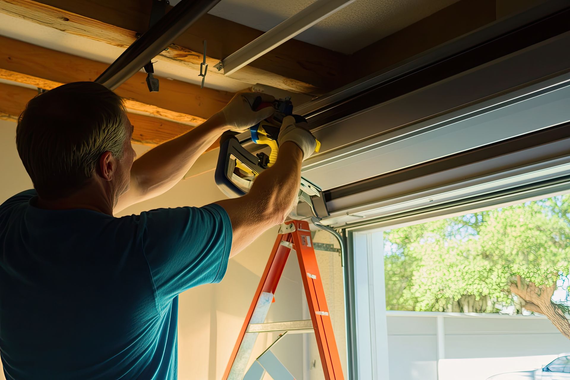 A man repairs a residential garage door with a drill.