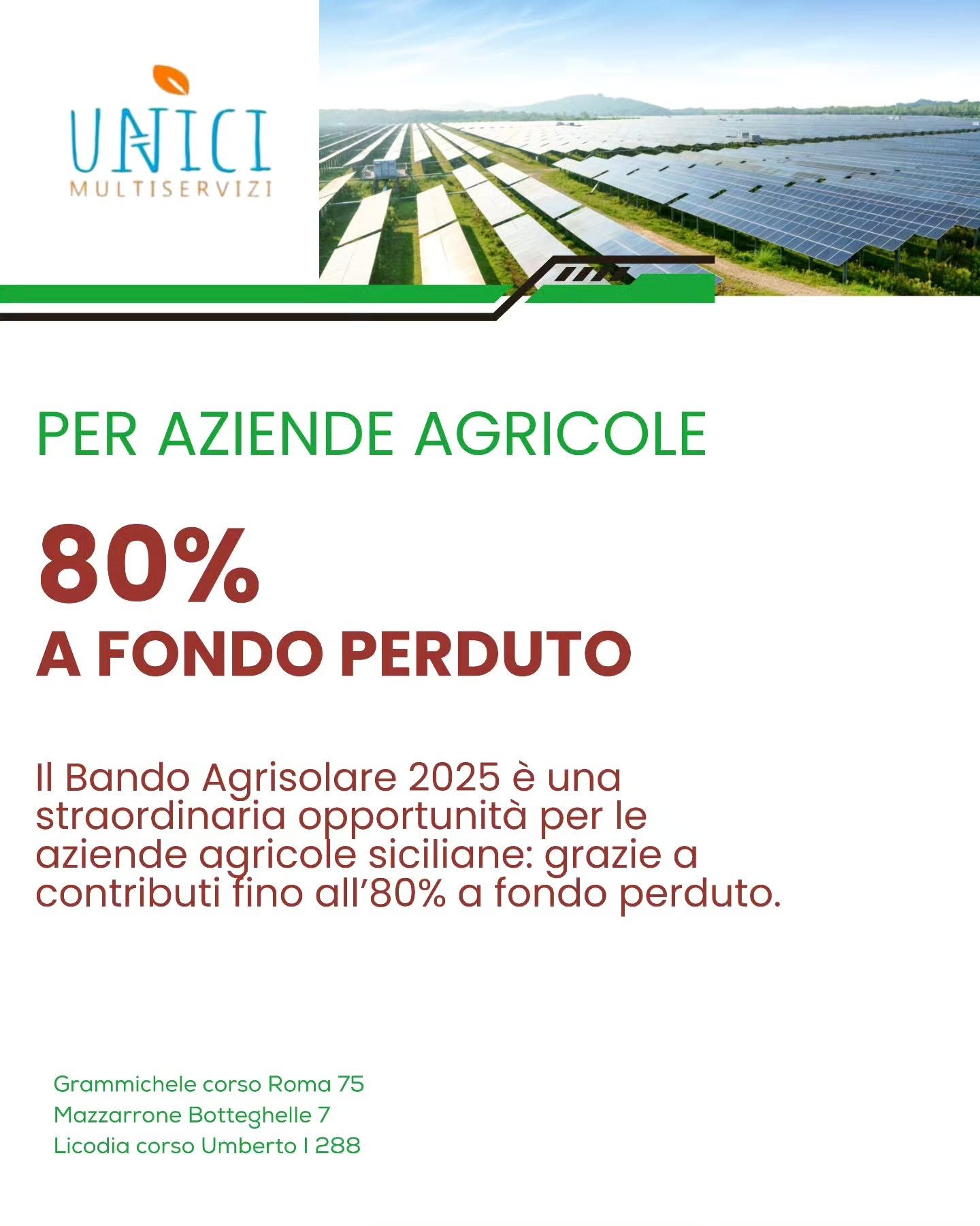 Flyer for UNICI Multiservizi. Solar panels and text: