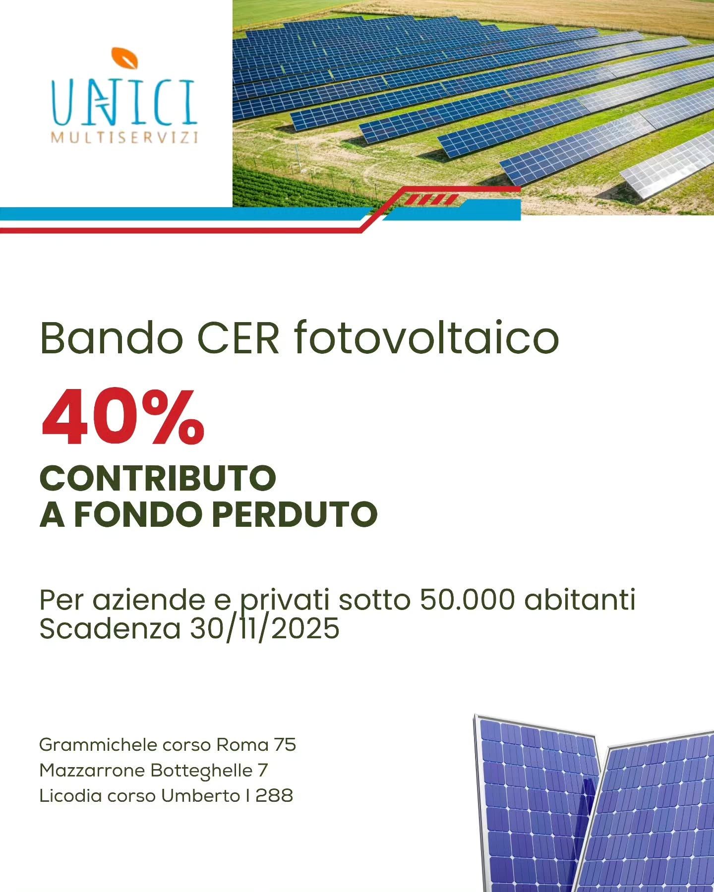 Bando per il CER fotovoltaico, che offre un contributo del 40% ad aziende e privati sotto i 50.000 abitanti. Scadenza 30/11/2025.