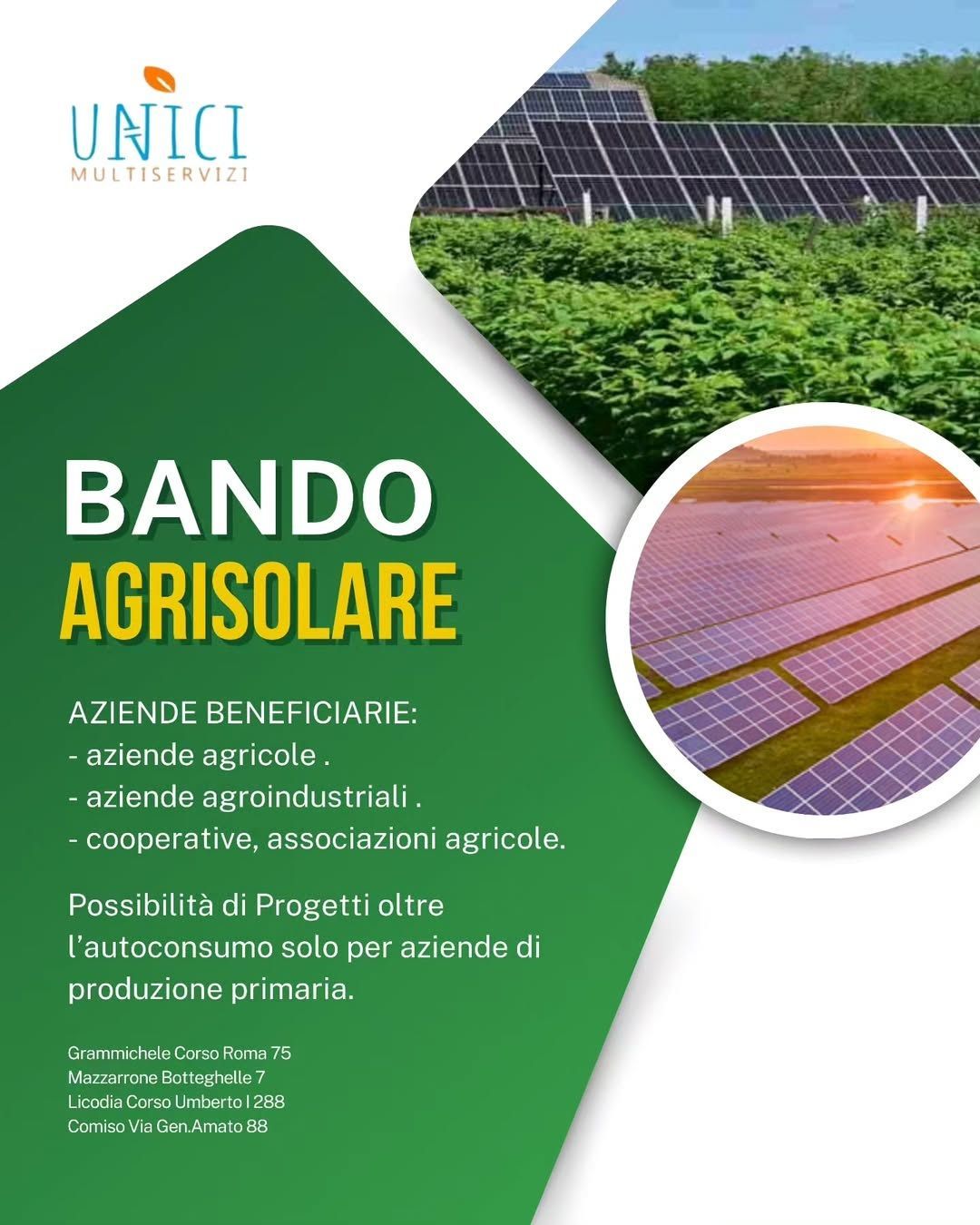 Volantino pubblicitario del programma Agrisolare: verde con testo e immagini di pannelli solari.