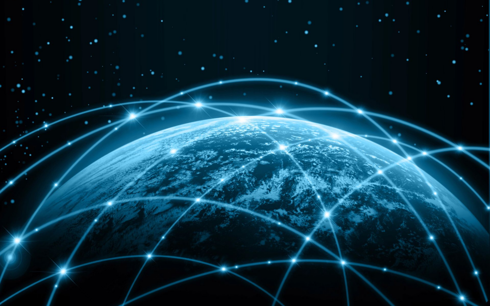 Globo terrestre blu con connessioni di rete luminose sovrapposte nello spazio.