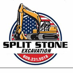 Logo for Split Stone Excavation with an excavator over an American flag.