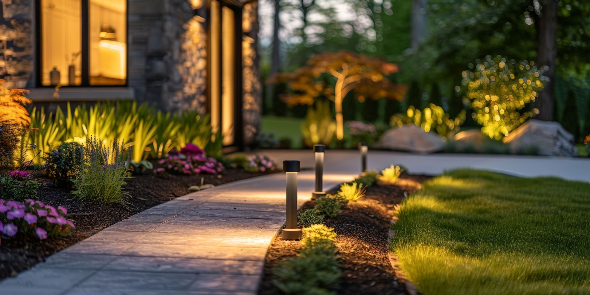Modern pathway lighting for landscape maintenance improving safety and curb appeal at night.