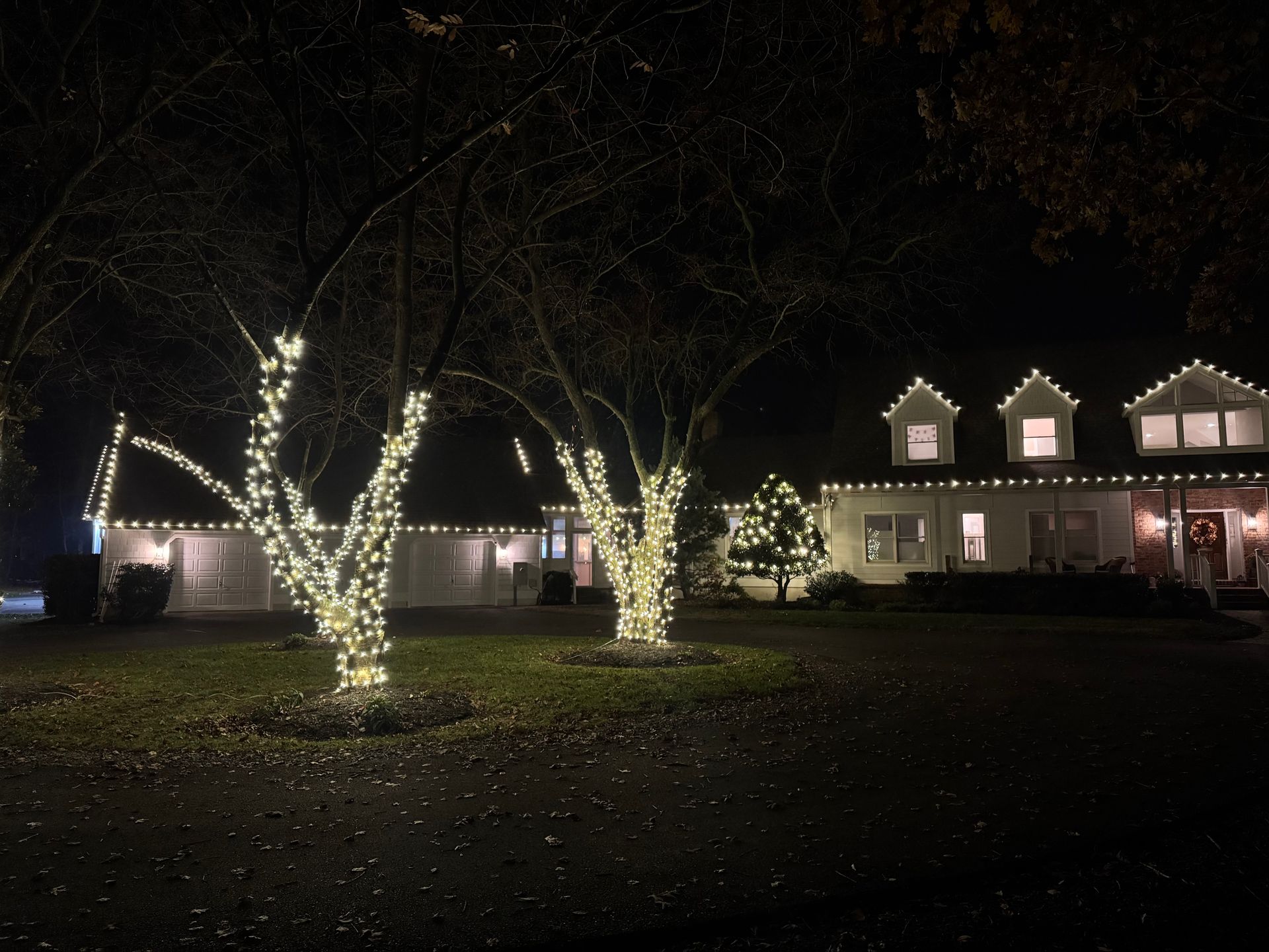A house at night decorated with warm-toned holiday string lights wrapped around tree trunks and along the roofline.