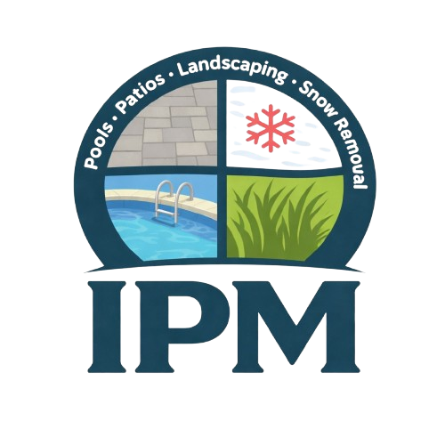 A logo featuring the letters "IPM" below a circular emblem divided into four quadrants: pools, patios, landscaping, and snow.