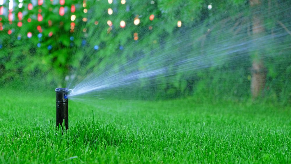 A lawn sprinkler spraying a mist of water across a vibrant green lawn in a garden.