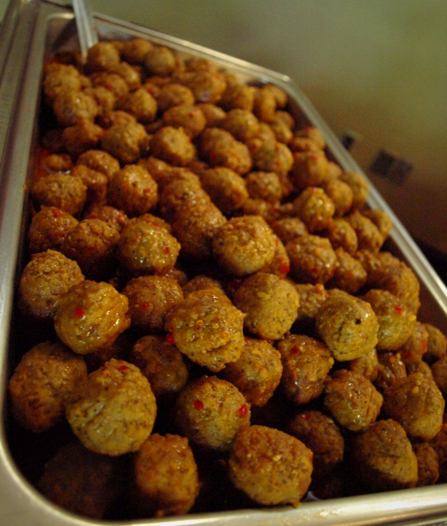 buffet pan filled with meatballs