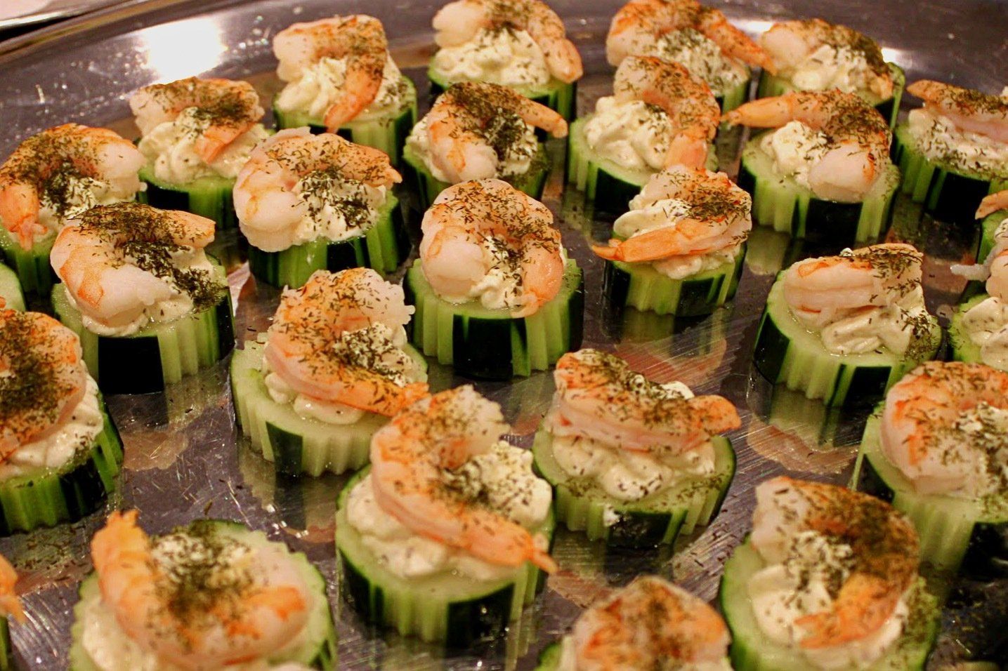 tray of cucumber shrimp appetizers