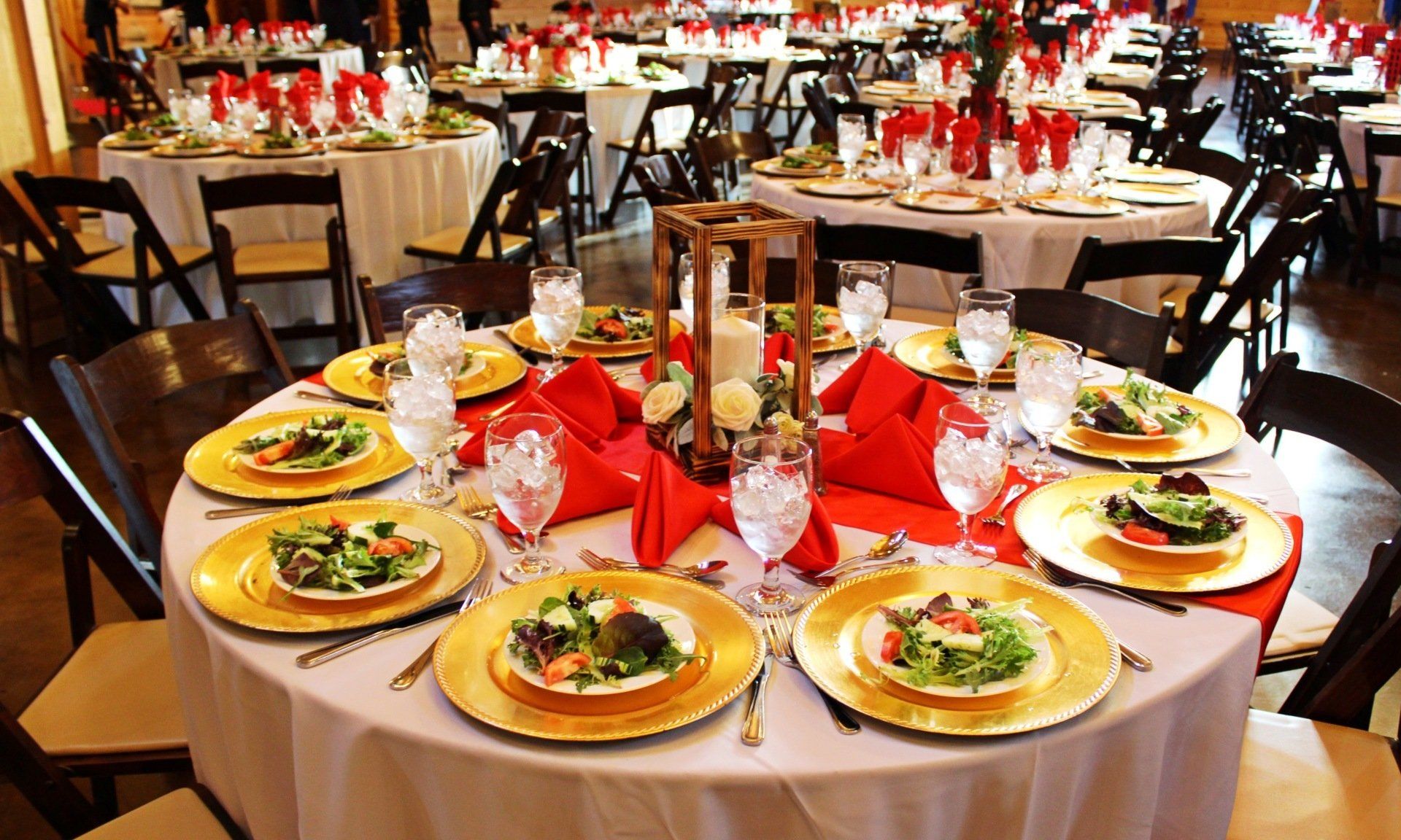 round table set up with plated salads