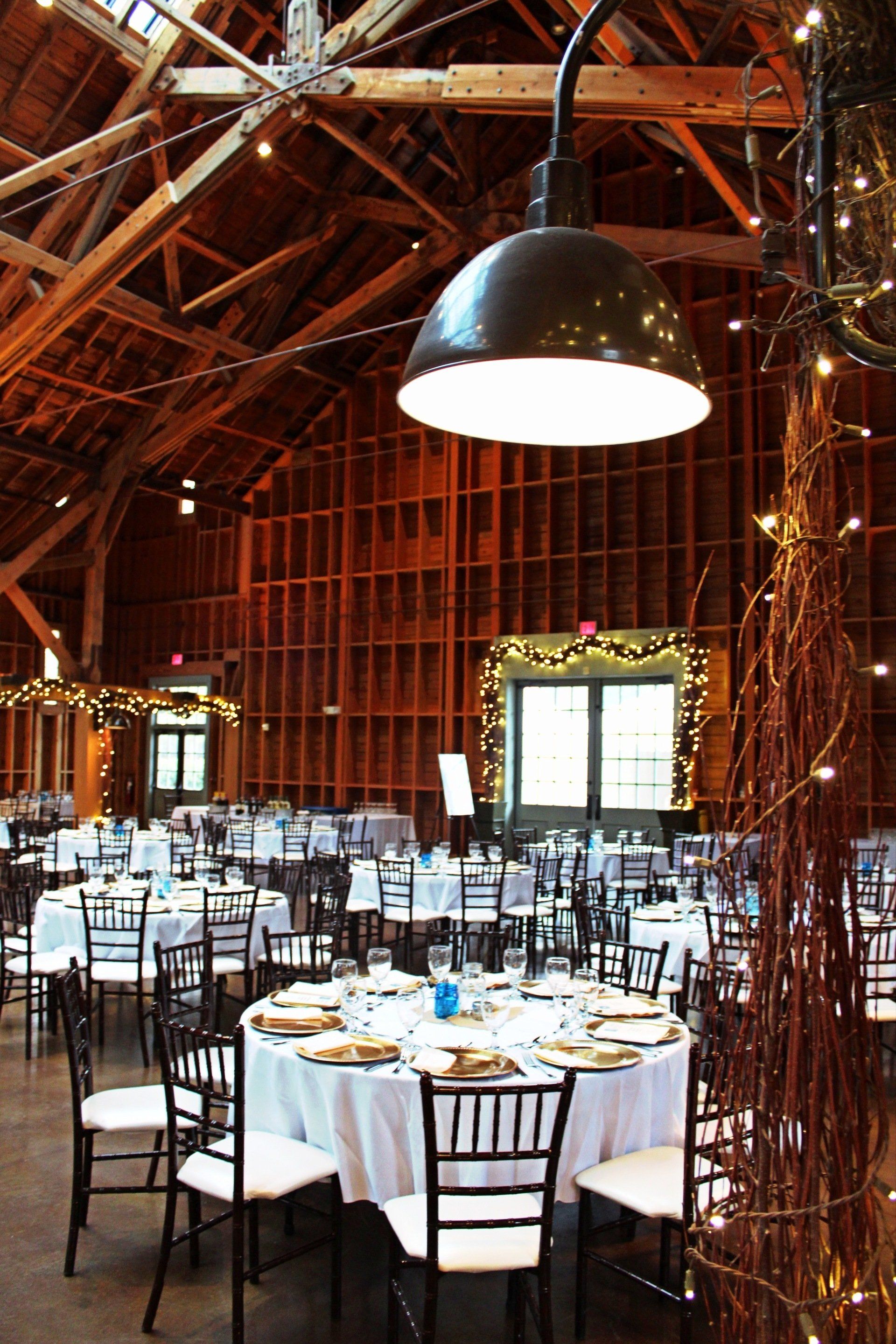 Fair Barn venue set showing decor and wooden beams