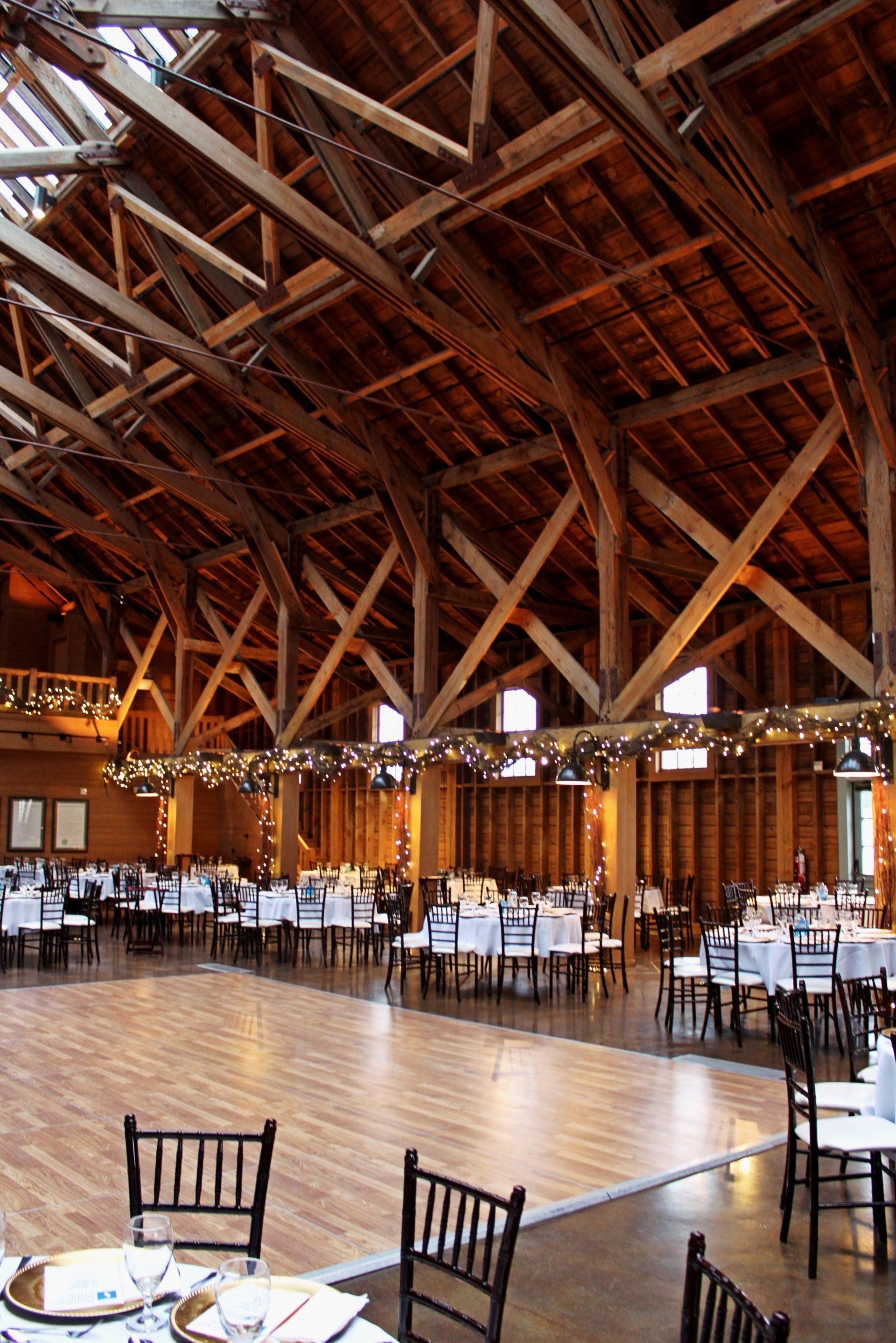Fair Barn venue set up showing wooden beams