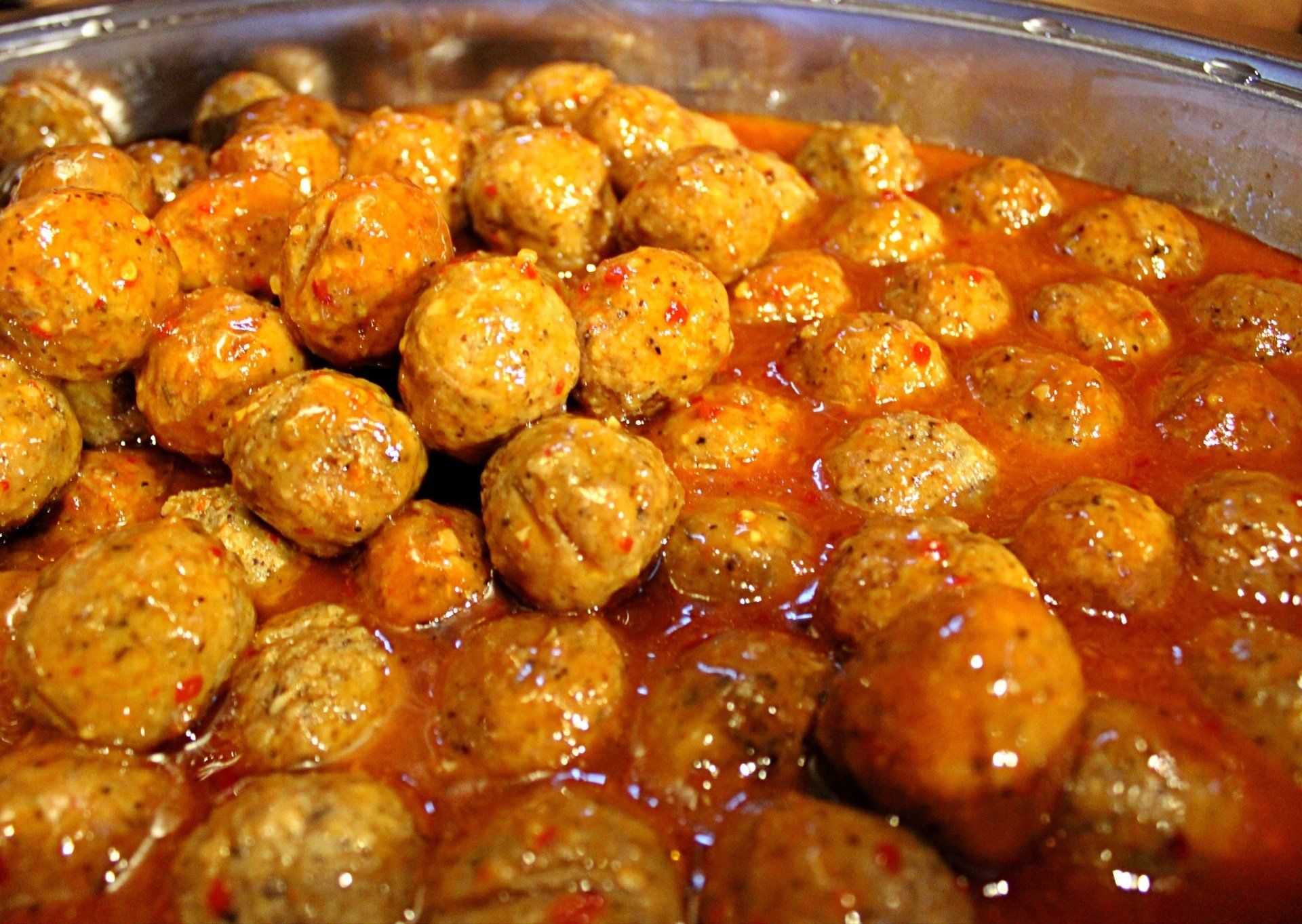 buffet pan filled with meatballs