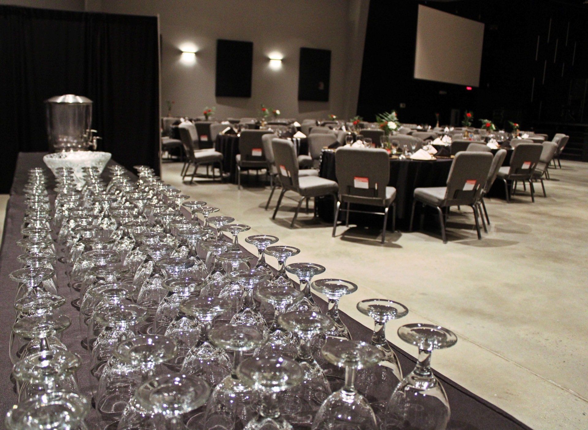 glasses set up on a beverage table