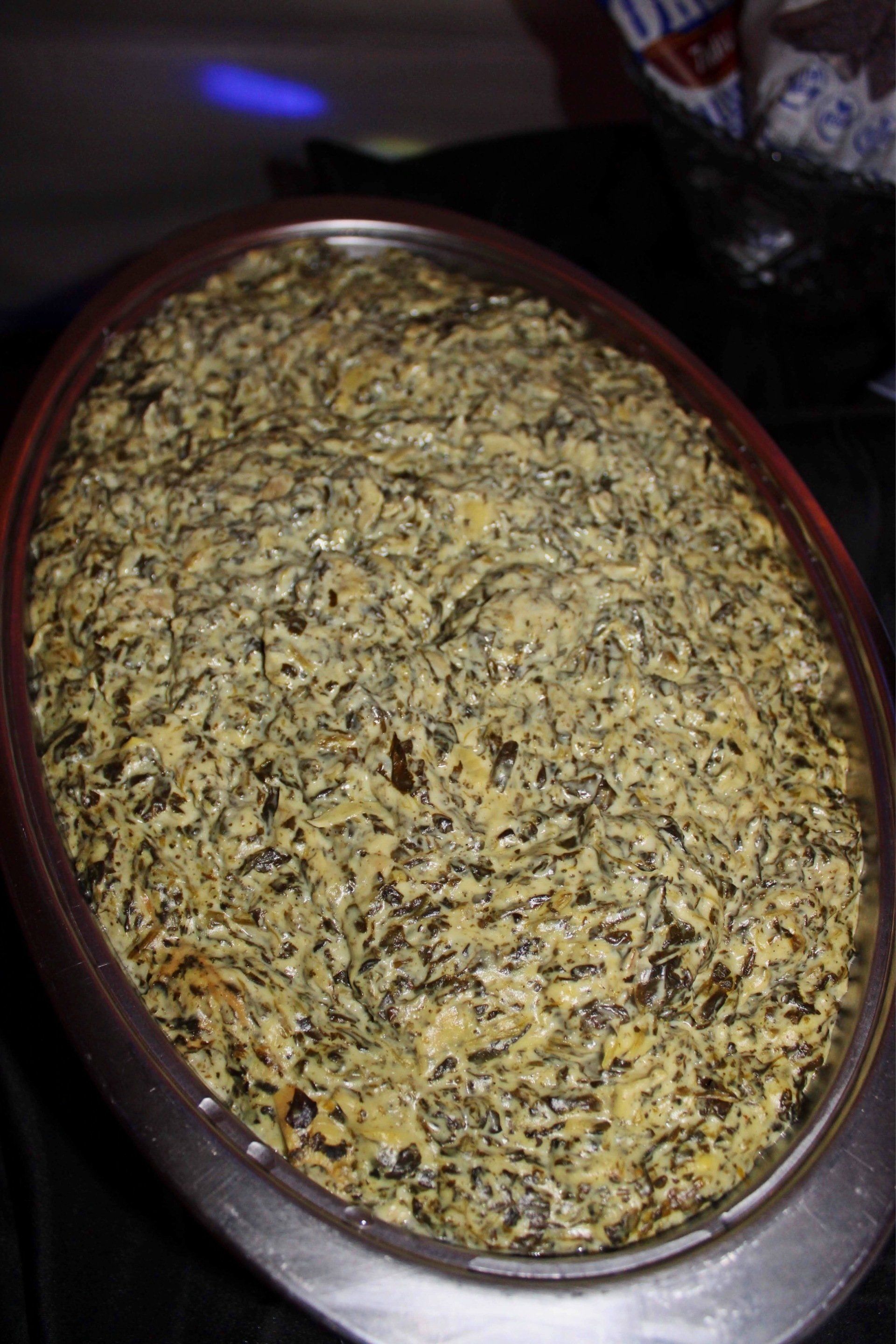buffet pan filled with spinach dip