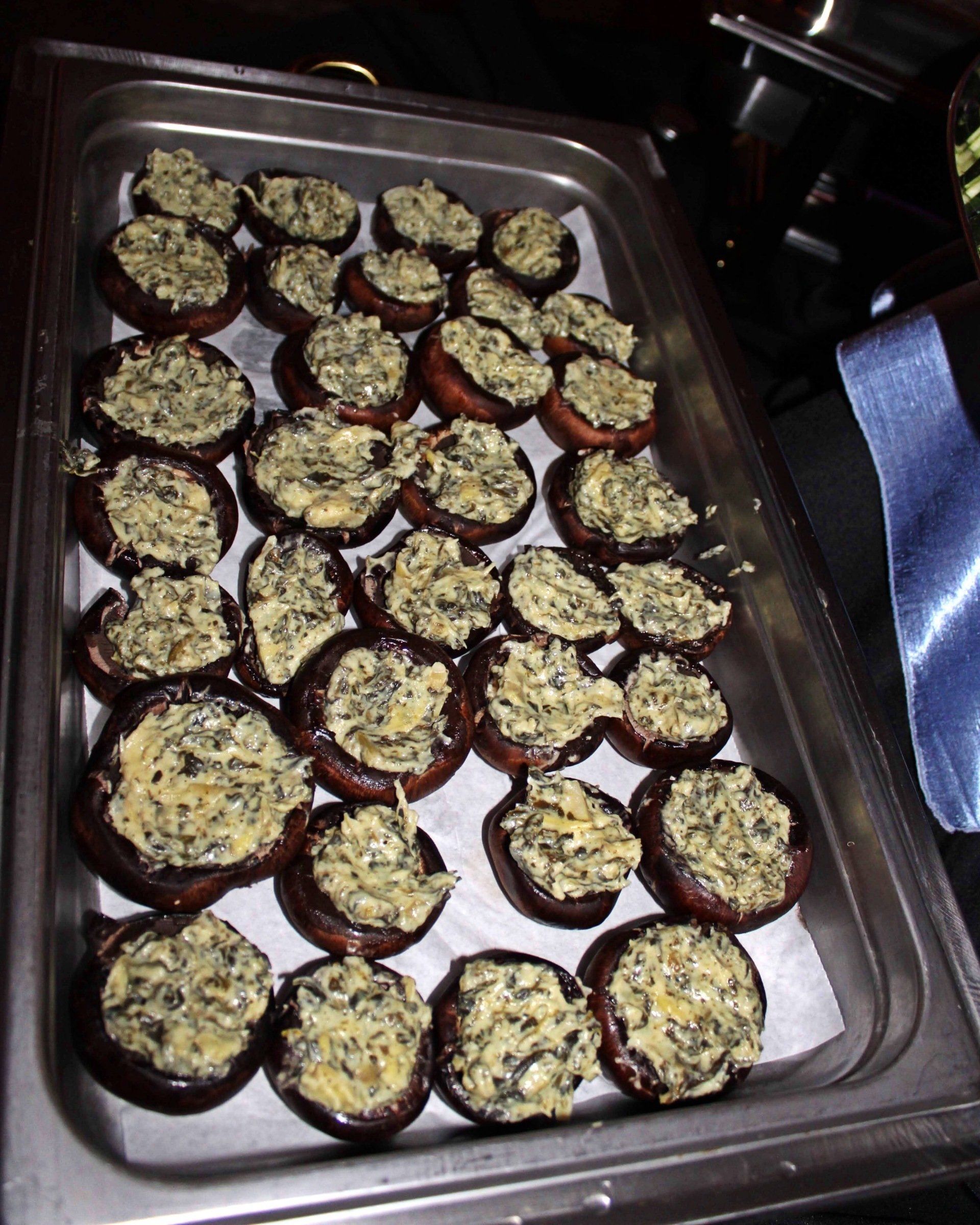 buffet pan filled with stuffed mushroom caps