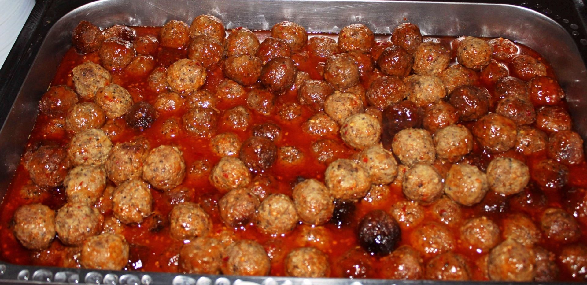 buffet pan filled with meatballs