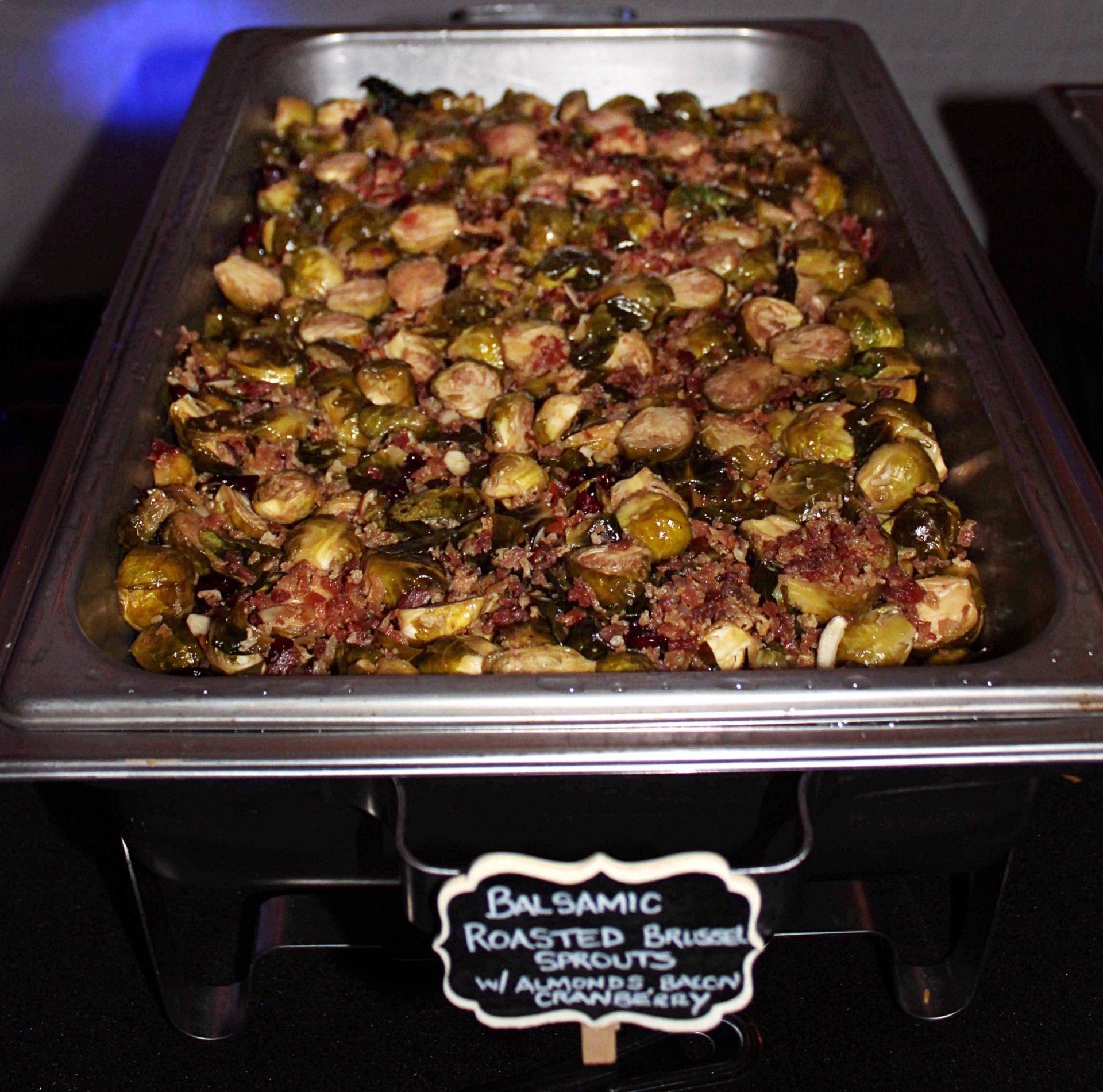 buffet pan filled with balsamic roasted brussel sprouts