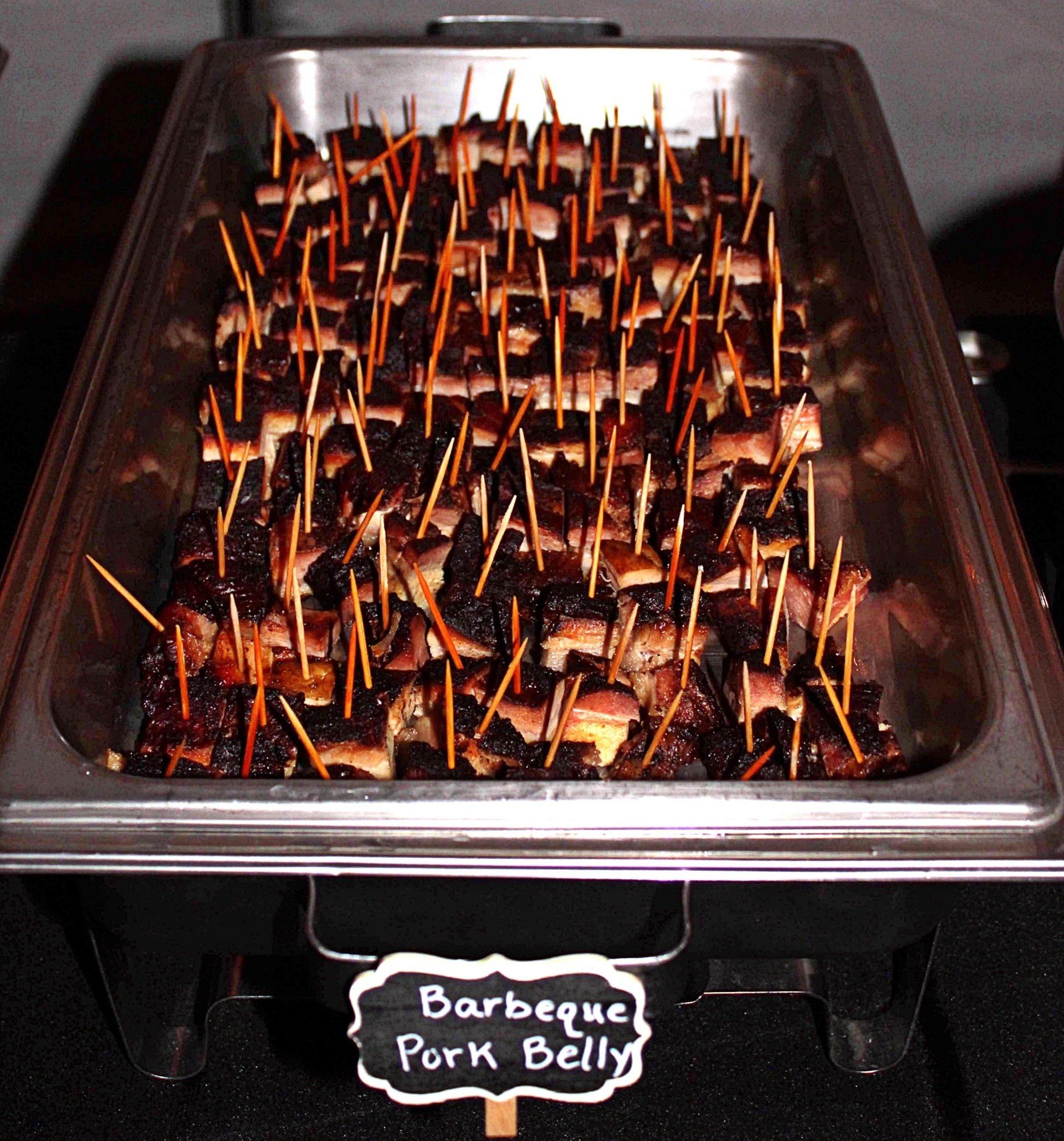 buffet pan filled with pork belly cubes