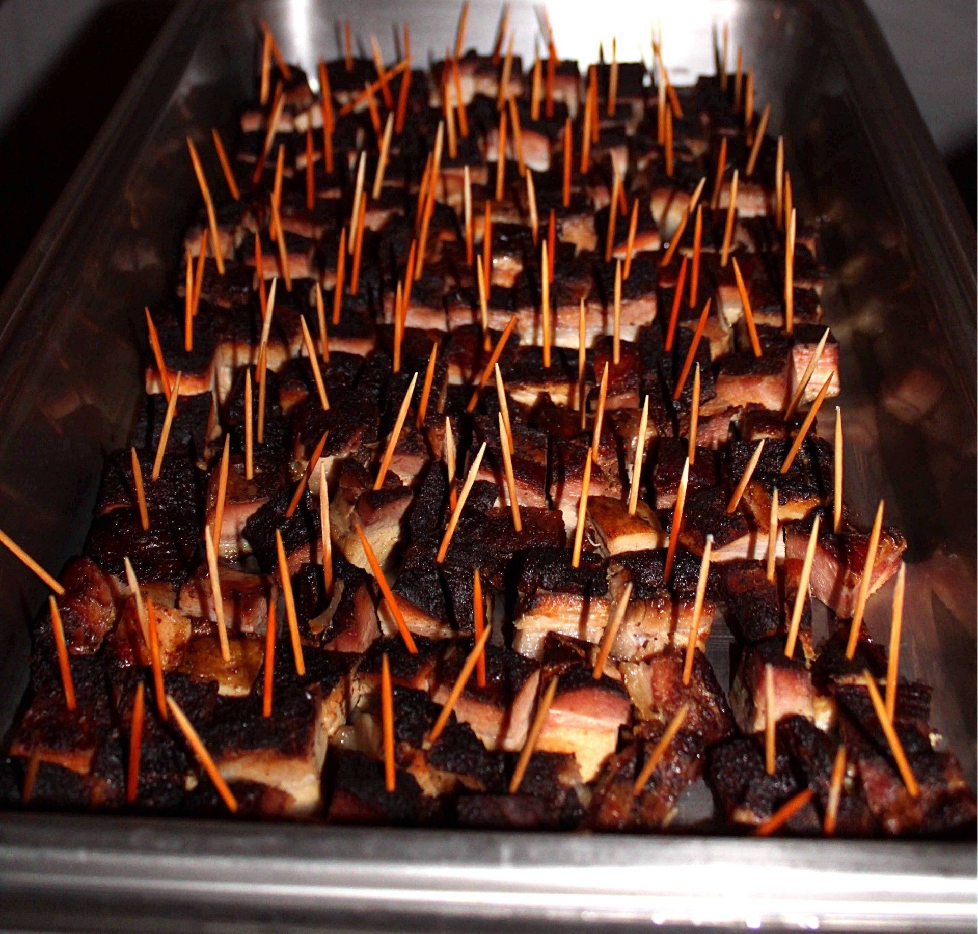 buffet pan filled with pork belly cubes