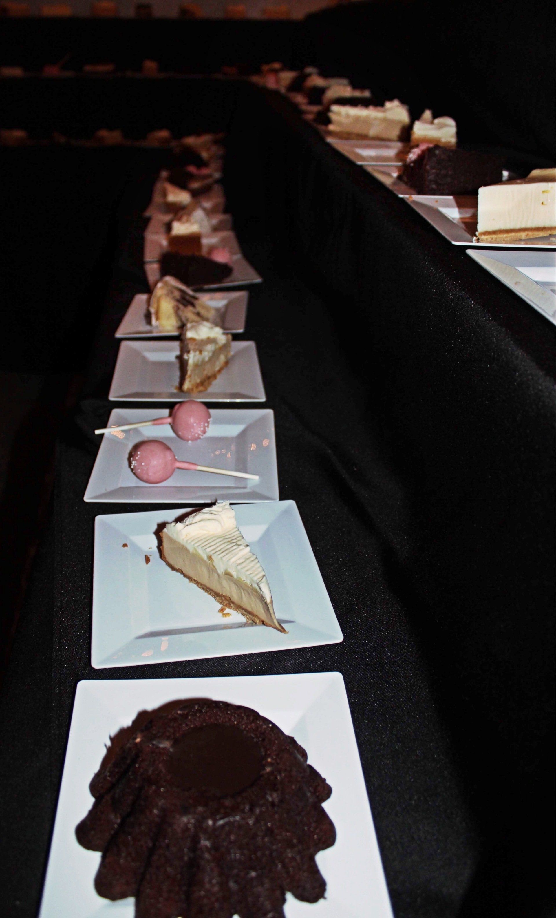 dessert table lined with assorted plated desserts