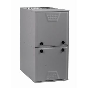 Tan Payne gas furnace. Rectangular, two-section unit with black vents and logo.