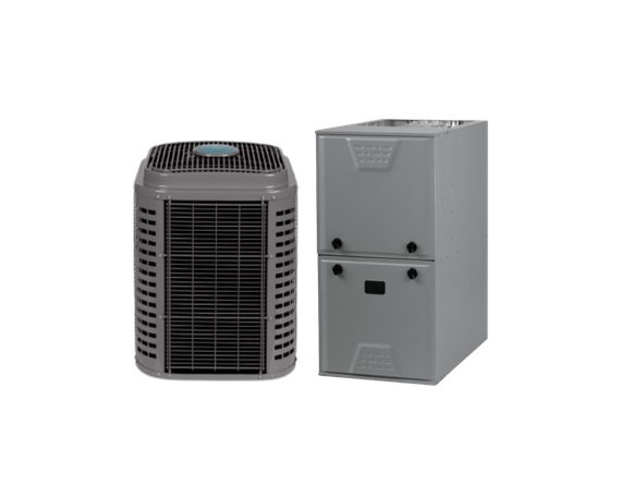 Outdoor air conditioner unit and indoor furnace against a white background.