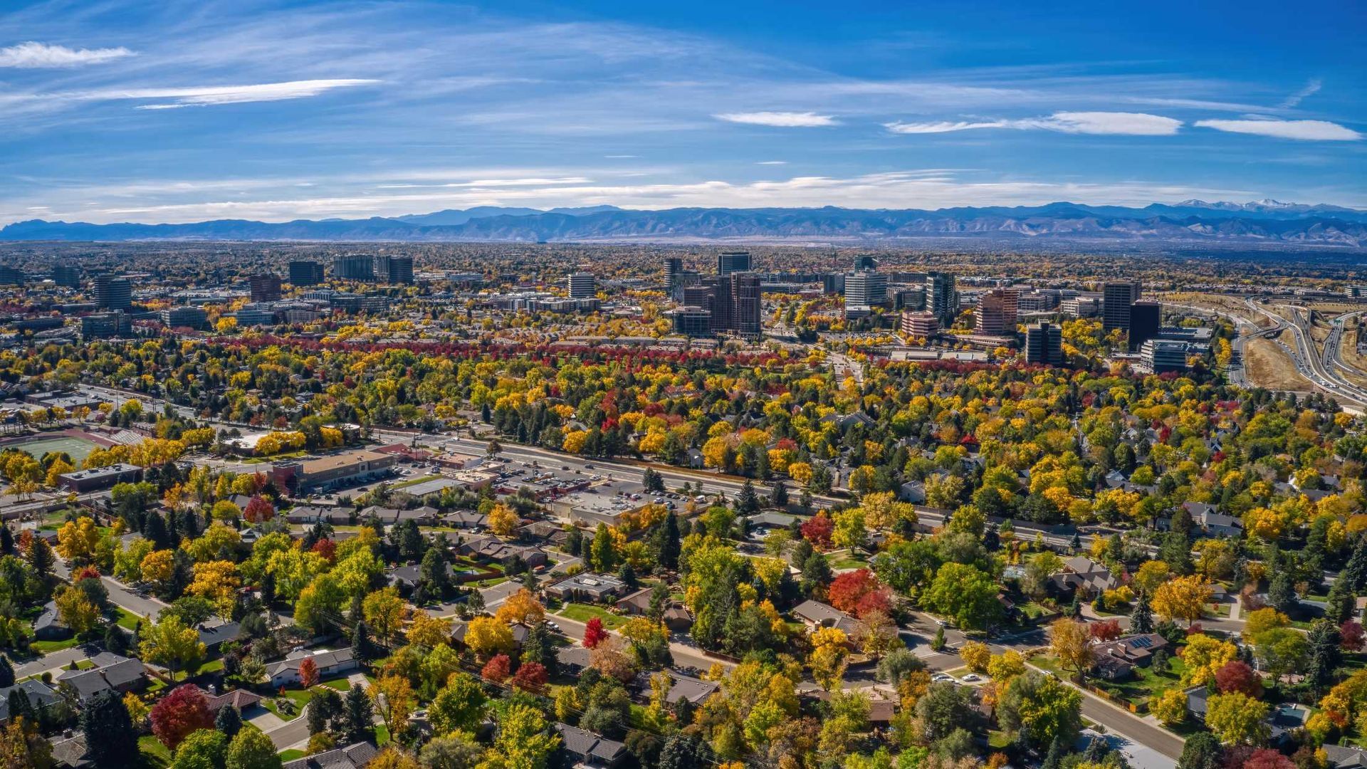 An aerial view of a city with trees in the foreground and mountains in the background.
