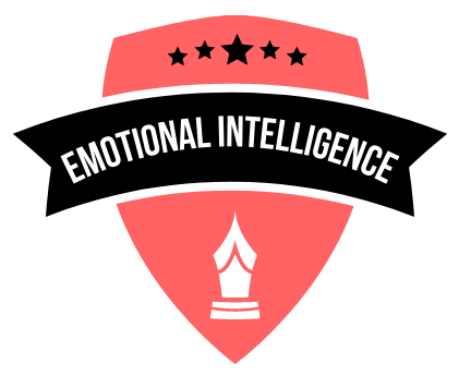 A red shield with a black ribbon that says emotional intelligence