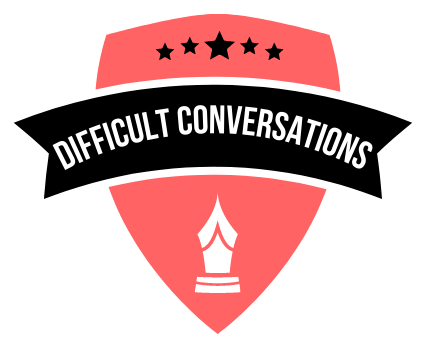 A logo for difficult conversations with a shield and a pen