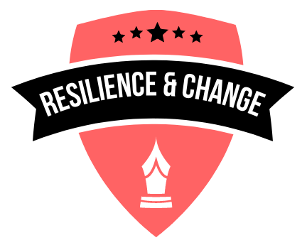 A red shield with the words resilience and change on it
