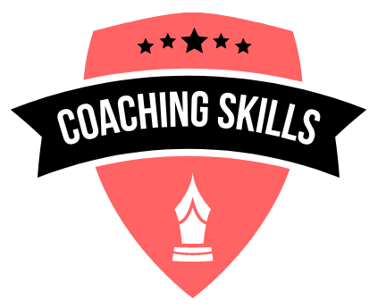 A logo for coaching skills with a shield and a pen