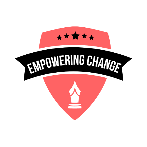 A red shield with a black ribbon and the words empowering change written on it.