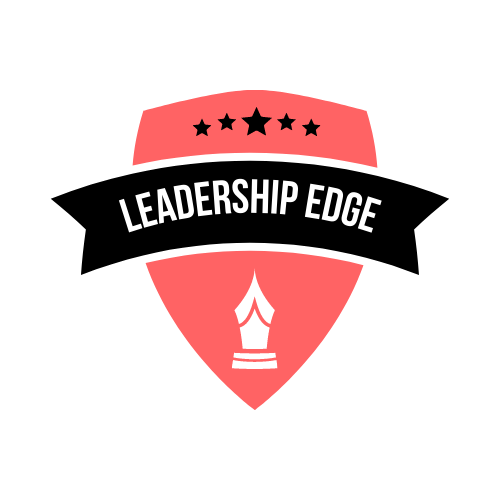 A red shield with a black ribbon and the words `` leadership edge '' written on it.