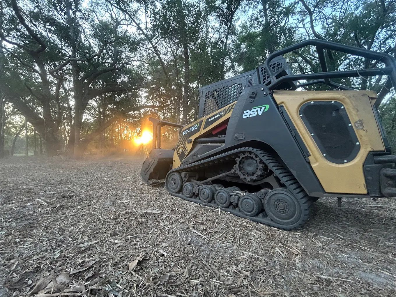 A tan compact track loader sits in a wooded area covered in wood mulch at sunset, with light filtering through the trees.