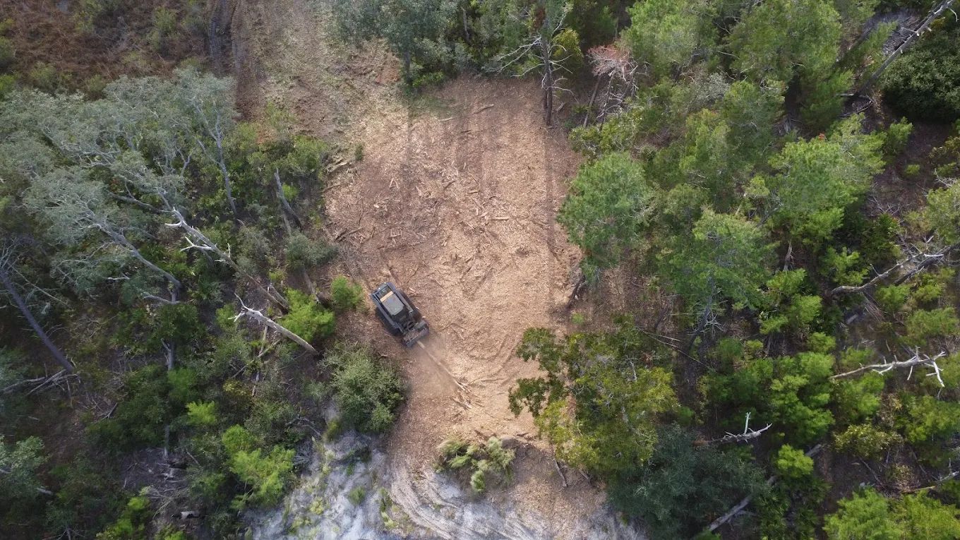 An aerial view shows a dark vehicle parked in a small, cleared patch of dirt surrounded by a dense, green forest.