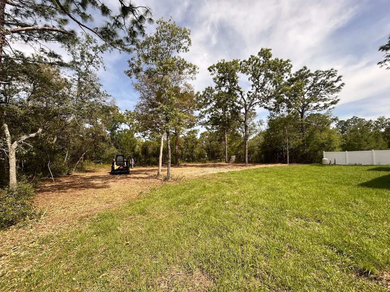 A sunny, grassy yard transitions to a cleared area with pine trees, brush, and construction equipment in the background.