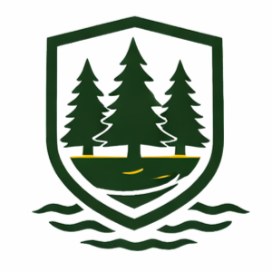 A dark green shield logo containing three pine trees above a wavy water design on a white background.